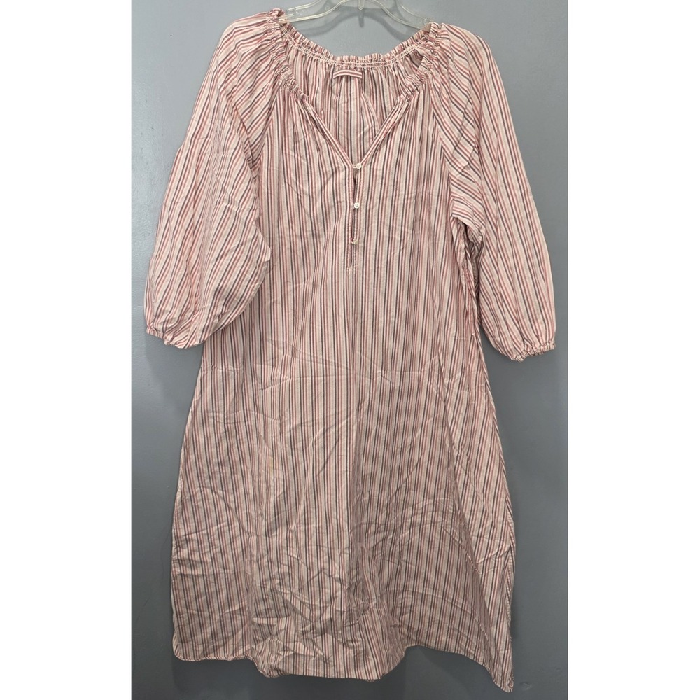 The Great Pink Striped V Neck Puff Sleeve Woven Midi A Line Dress Size S/M